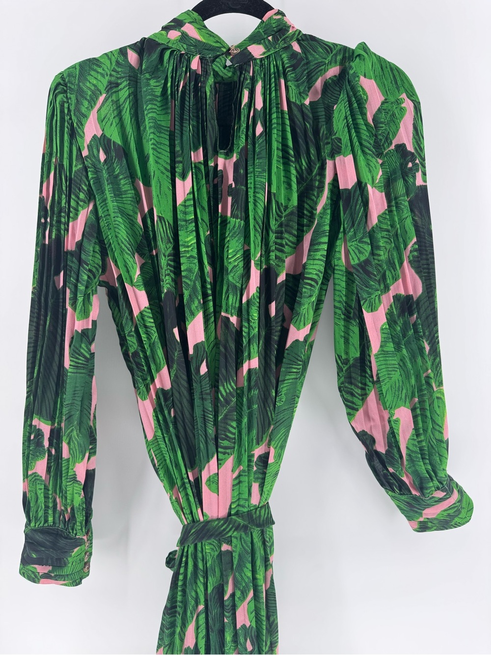 Beulah Style Palm Print Pleated Maxi Dress Green Pink Tropical Long Sleeve Sz M - Picture 6 of 11